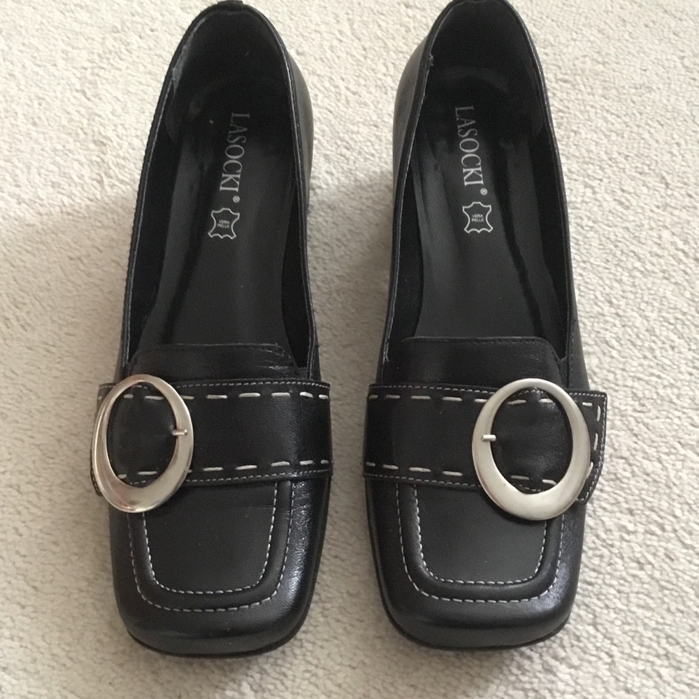 Dark Navy Leather Loafers with Silver Buckle - size 39